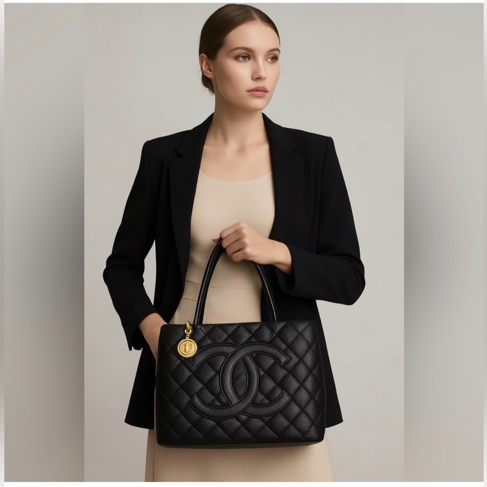 CHANEL Caviar Leather Black Quilted Silver Medallion Tote Bag Classic Luxury Y2K